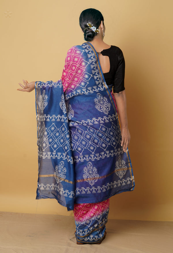 Pink Pure Hand Block Printed Chanderi Sico Saree-unm60486