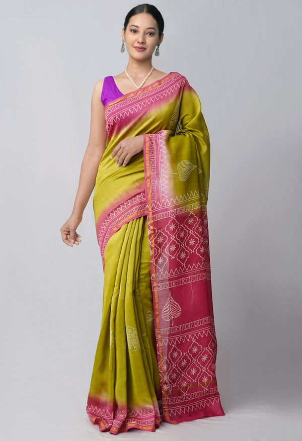 Green Pure Hand Block Printed Chanderi Sico Saree