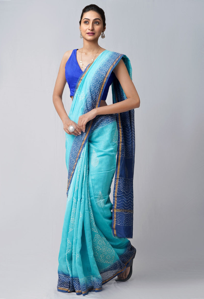 Blue Pure Hand Block Printed Chanderi Sico Saree