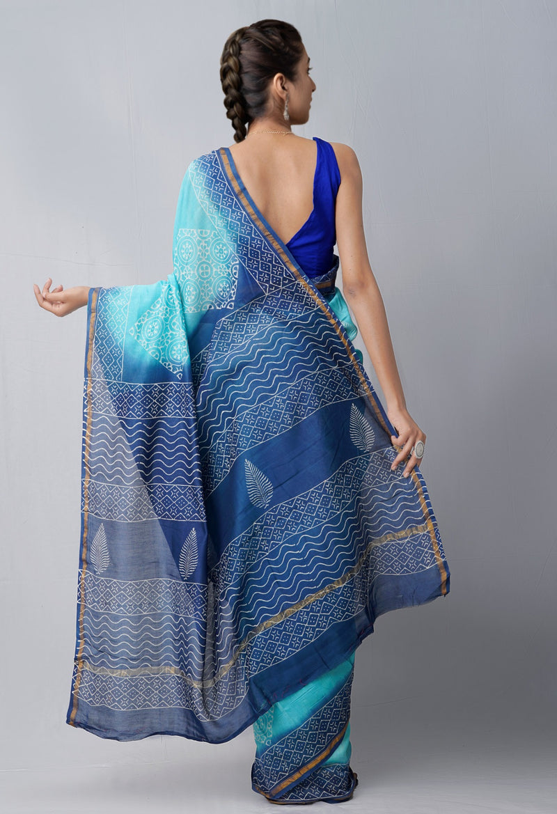 Online Shopping for Blue Pure Hand Block Printed Chanderi Sico Saree with Hand Block Prints from Chhattisgarh at Unnatisilks.comIndia

