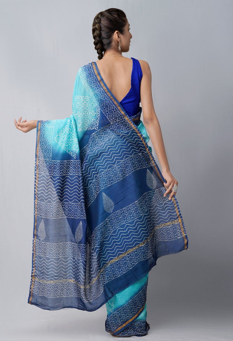 Online Shopping for Blue Pure Hand Block Printed Chanderi Sico Saree with Hand Block Prints from Chhattisgarh at Unnatisilks.comIndia

