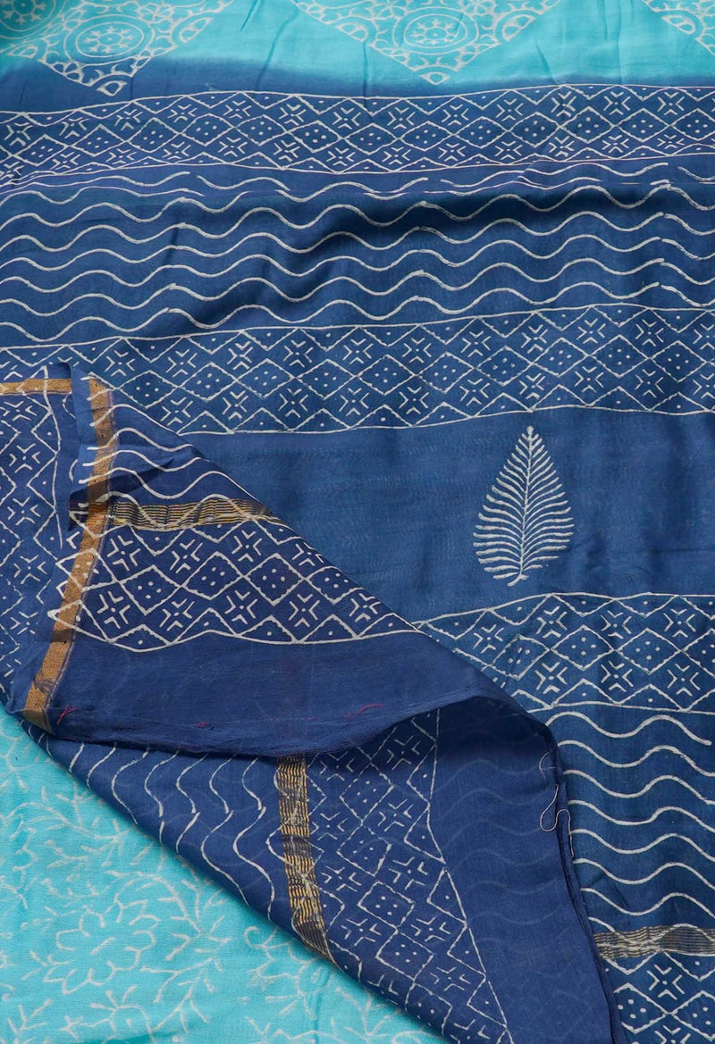 Online Shopping for Blue Pure Hand Block Printed Chanderi Sico Saree with Hand Block Prints from Chhattisgarh at Unnatisilks.comIndia
