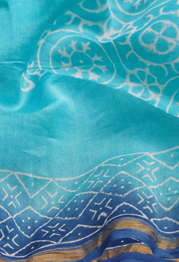Blue Pure Hand Block Printed Chanderi Sico Saree