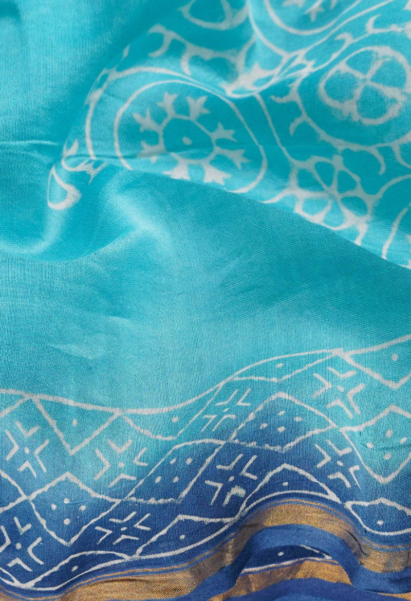 Blue Pure Hand Block Printed Chanderi Sico Saree