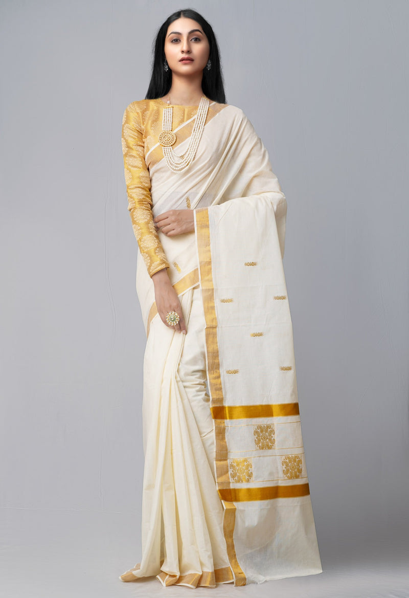 Online Shopping for Ivory Pure Kerala Kasavu Cotton Saree with Hand Block Prints from Chhattisgarh at Unnatisilks.comIndia
