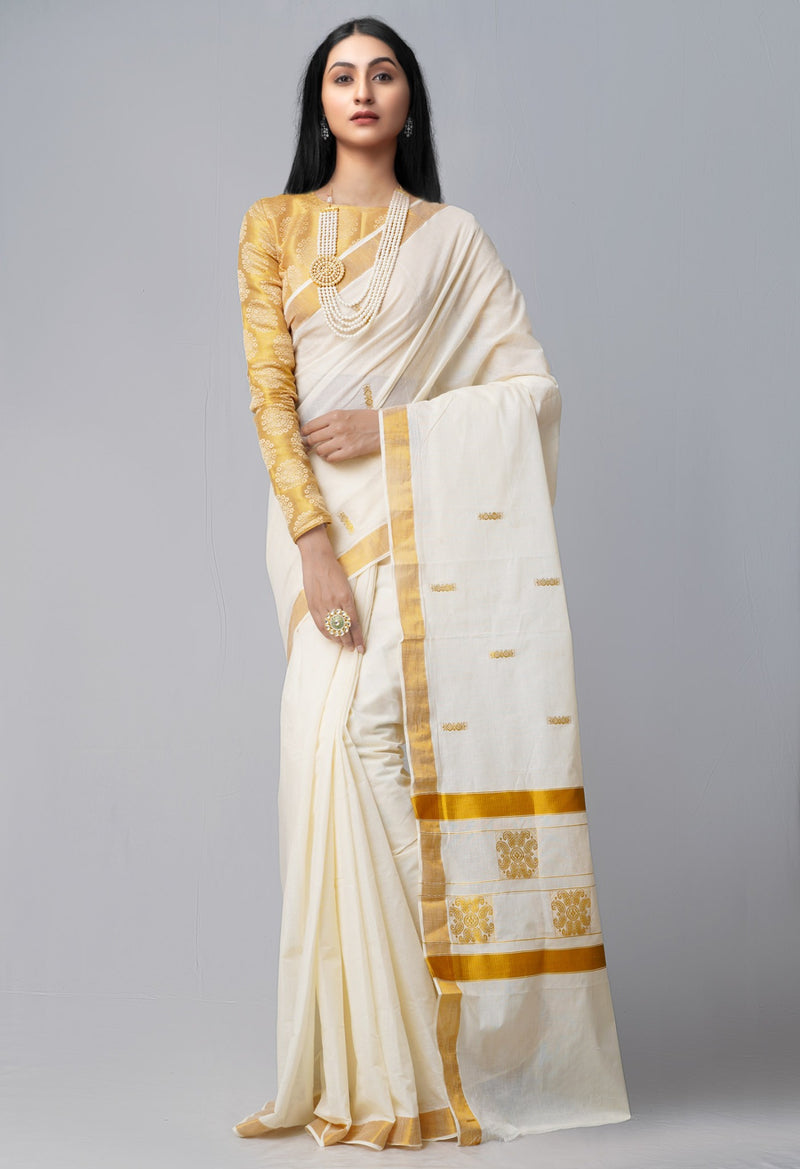 Online Shopping for Ivory Pure Kerala Kasavu Cotton Saree with Hand Block Prints from Chhattisgarh at Unnatisilks.comIndia
