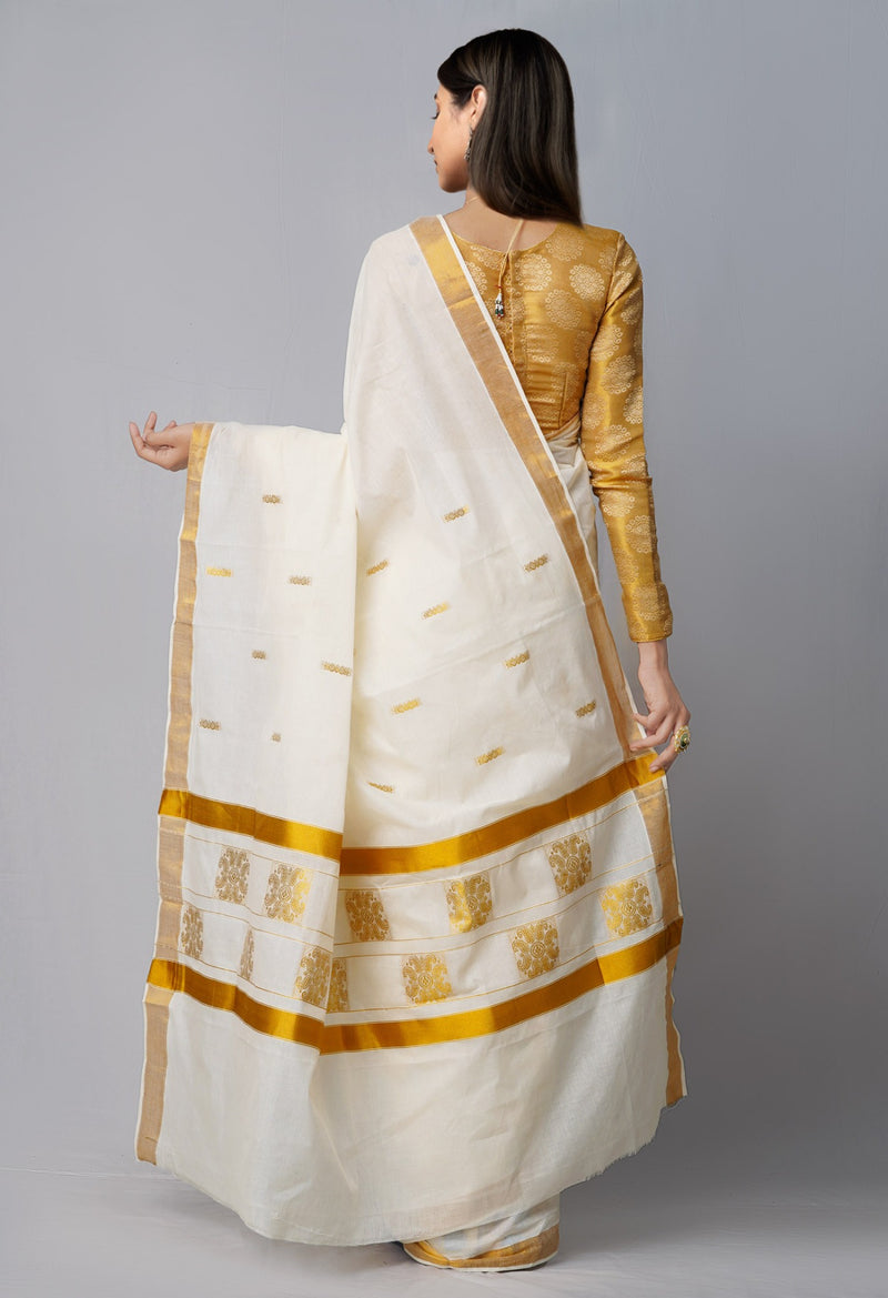 Online Shopping for Ivory Pure Kerala Kasavu Cotton Saree with Hand Block Prints from Chhattisgarh at Unnatisilks.comIndia
