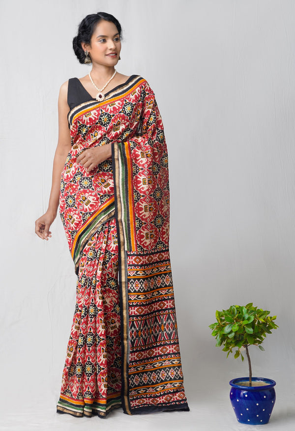 Red-Black Pure Patola Printed Chanderi Sico Saree