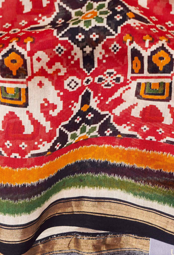 Red-Black Pure Patola Printed Chanderi Sico Saree