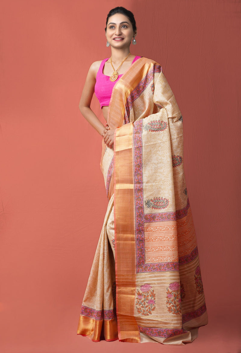 Brown  Hand Block Printed Maheshwari Jute Sico Saree