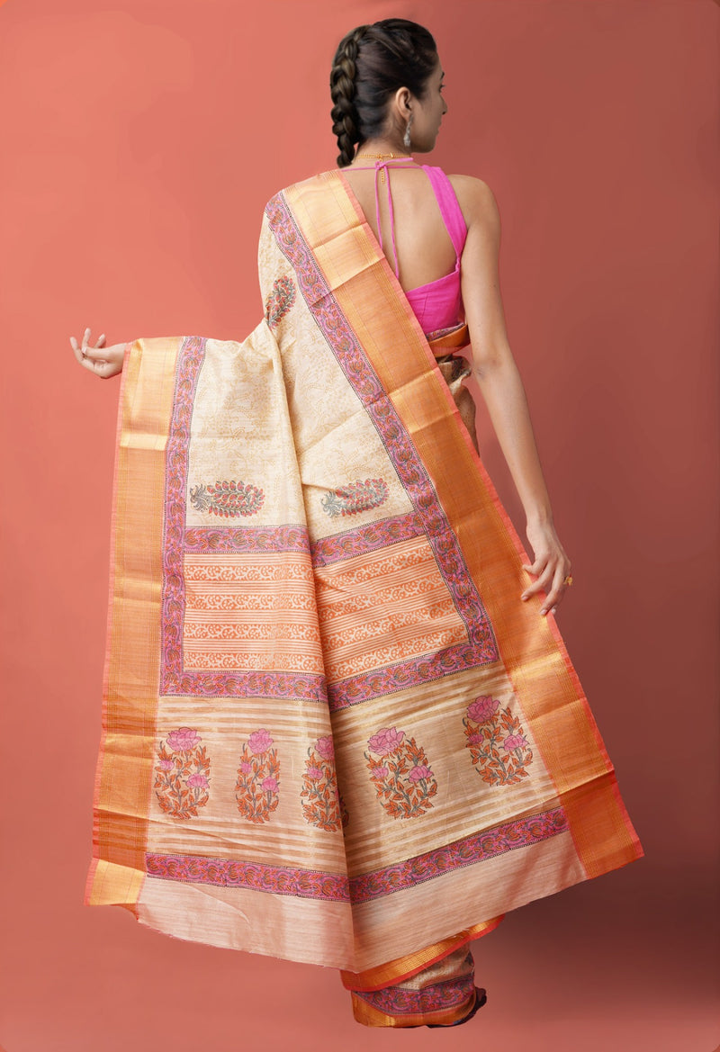 Online Shopping for Brown  Hand Block Printed Maheshwari Jute Sico Saree with Hand Block Prints from Madhya Pradesh at Unnatisilks.comIndia
