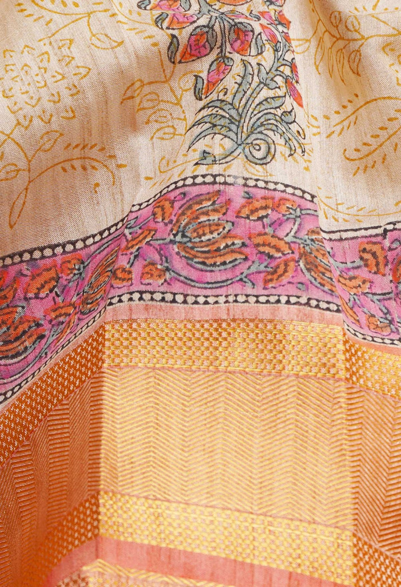 Brown  Hand Block Printed Maheshwari Jute Sico Saree