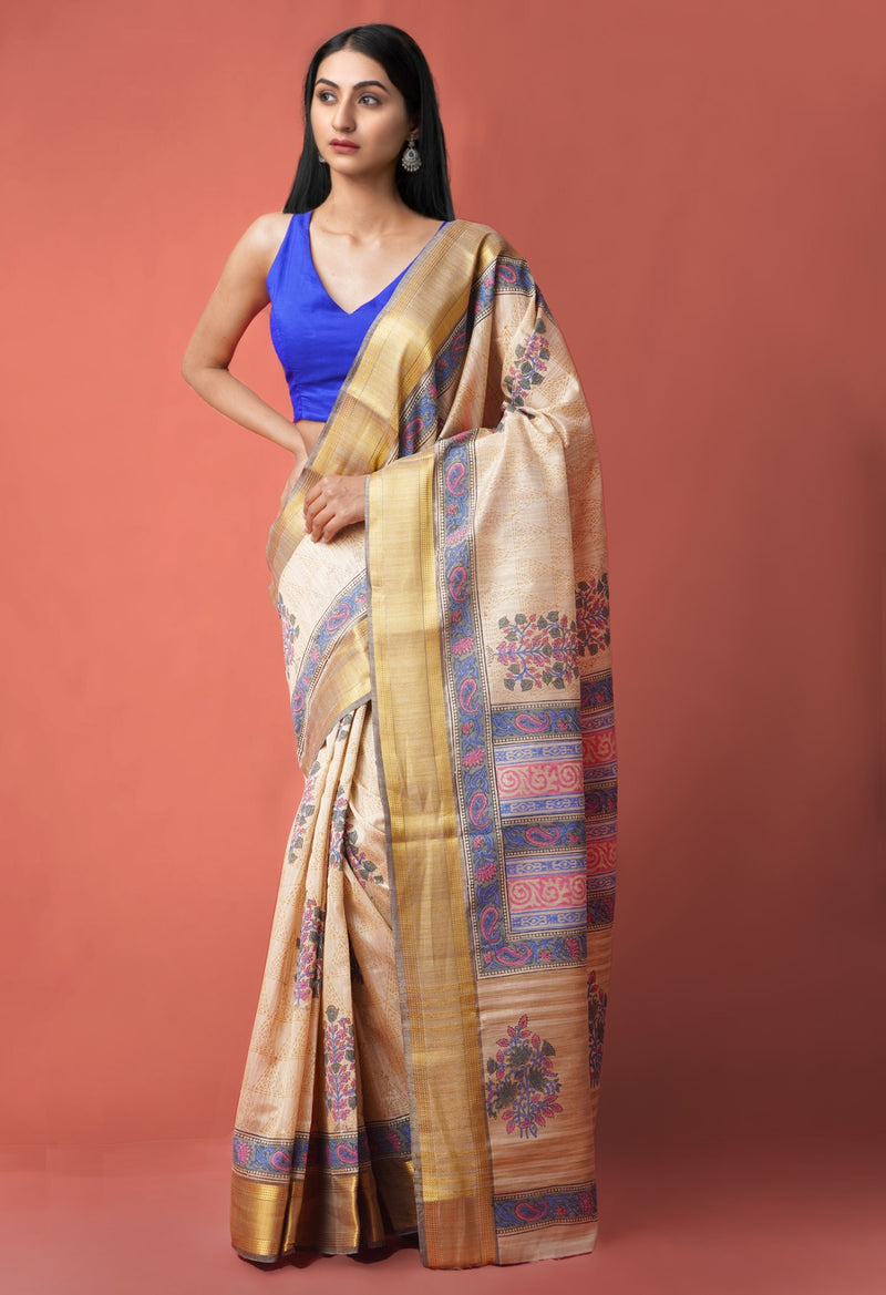 Brown  Hand Block Printed Maheshwari Jute Sico Saree