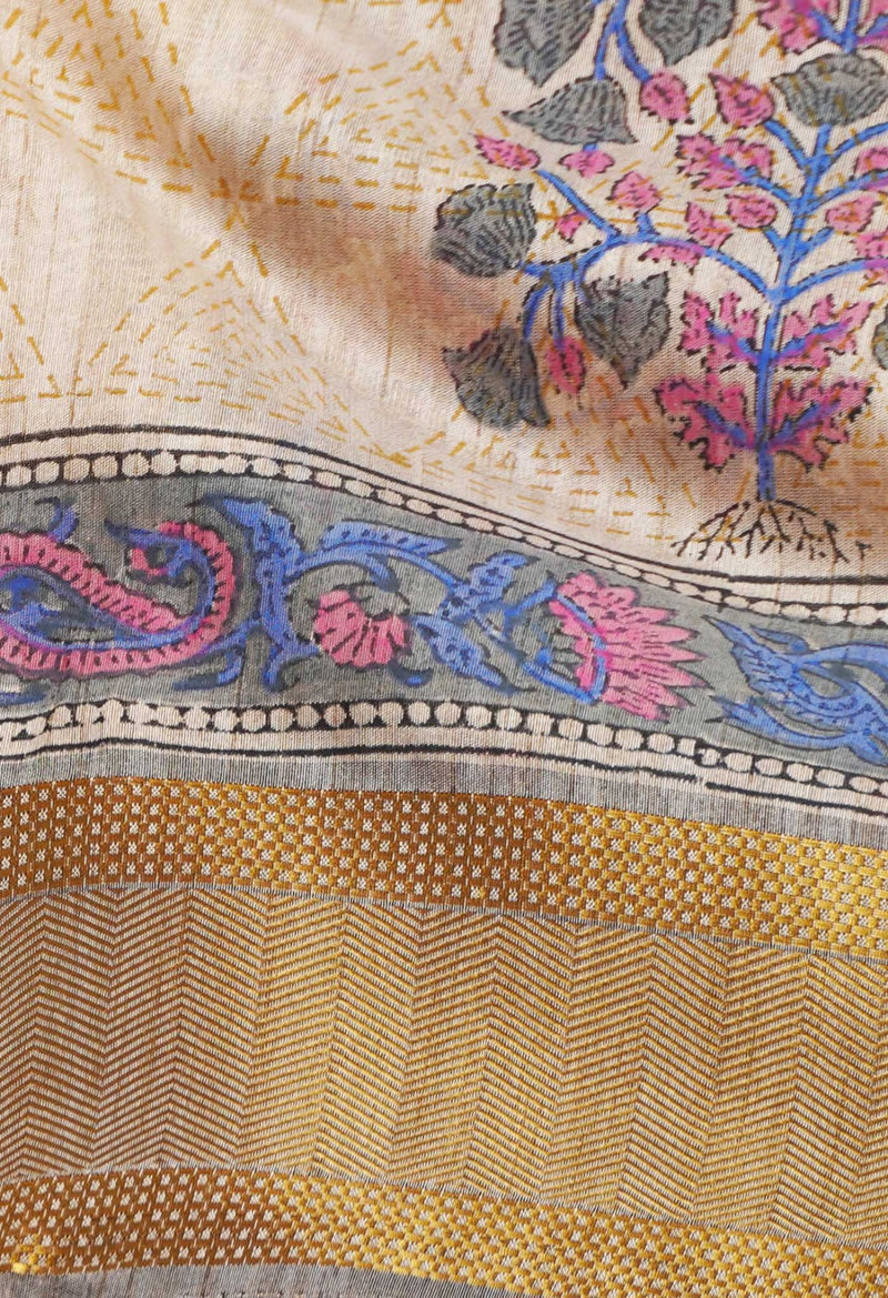 Brown  Hand Block Printed Maheshwari Jute Sico Saree