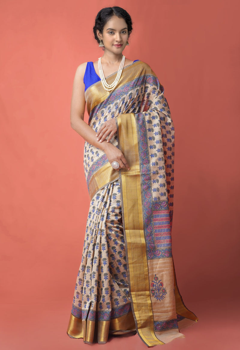 Brown  Hand Block Printed Maheshwari Jute Sico Saree