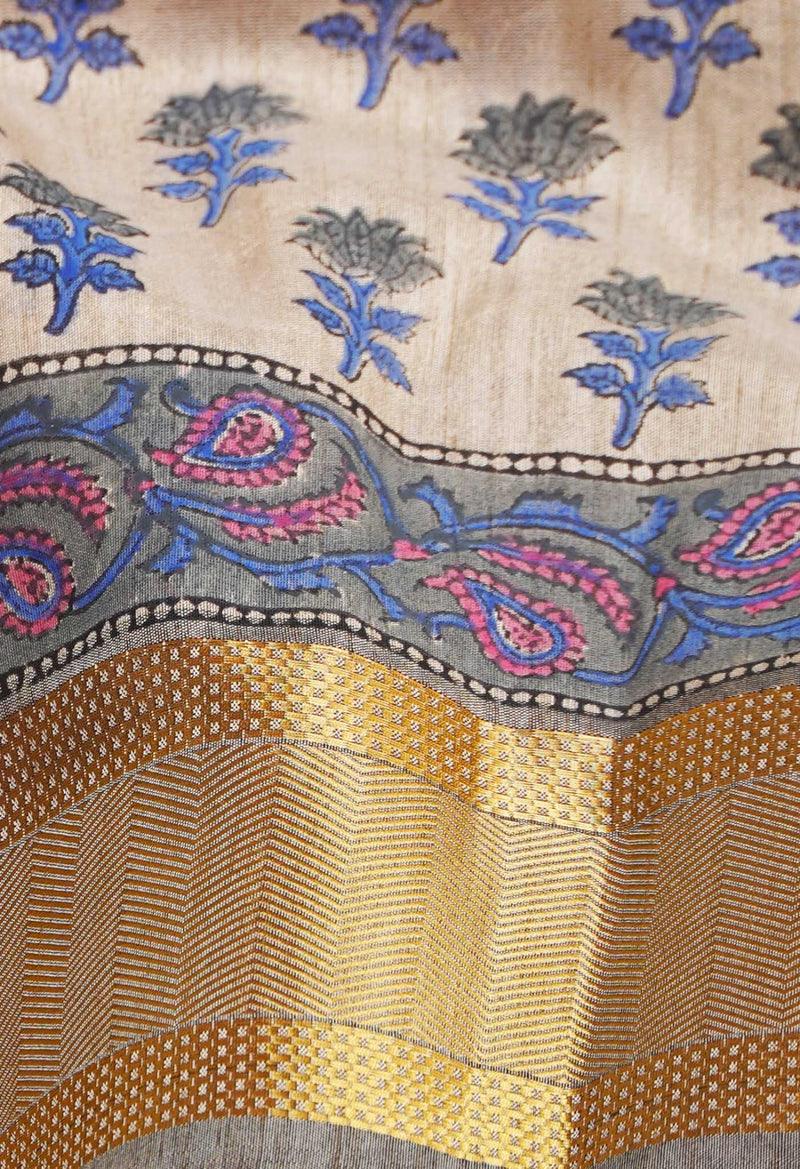 Brown  Hand Block Printed Maheshwari Jute Sico Saree