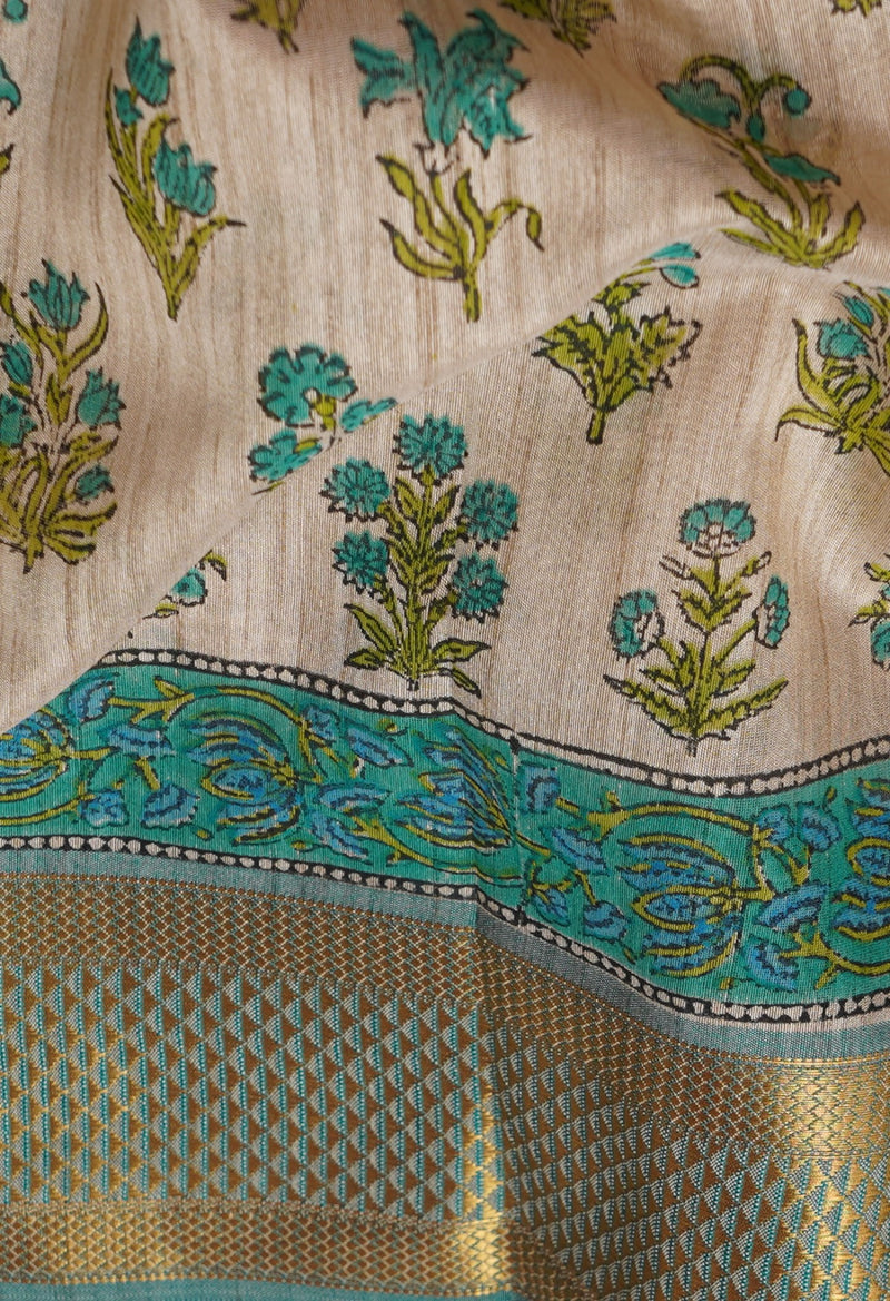 Brown  Hand Block Printed Maheshwari Jute Sico Saree