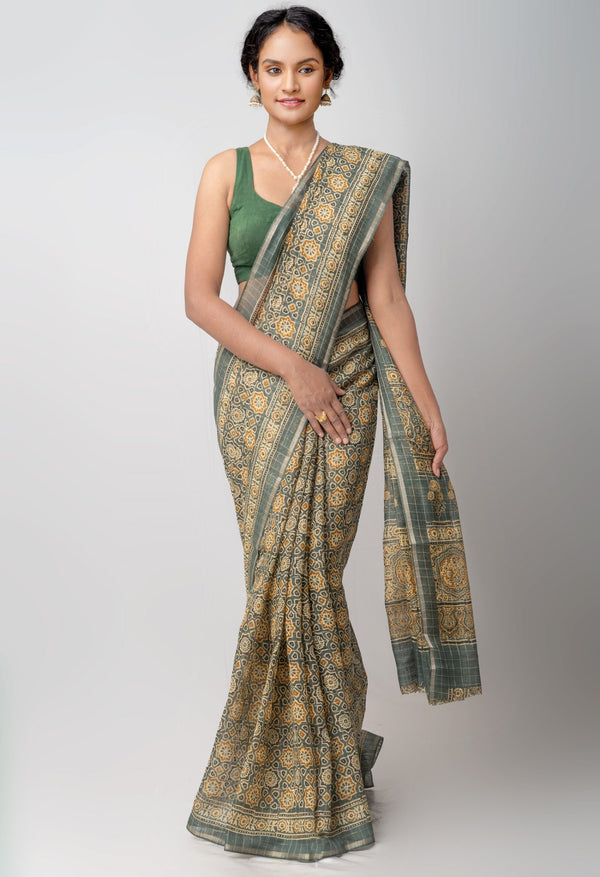 Green  Printed Art Chanderi Sico Saree