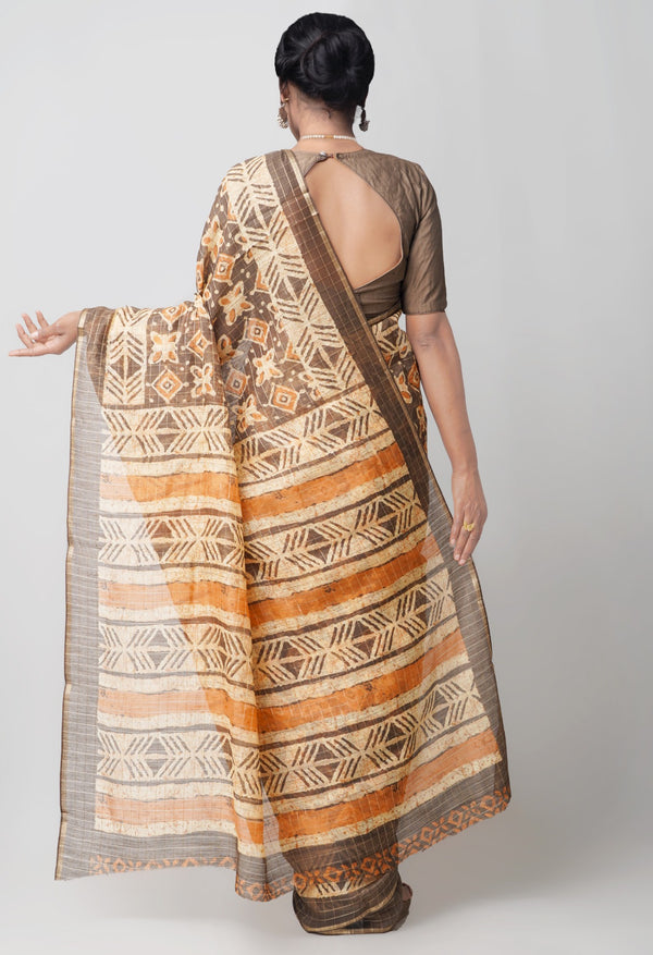 Online Shopping for Brown  Printed Art Chanderi Sico Saree with Fancy/Ethnic Prints from Madhya Pardesh at Unnatisilks.comIndia
