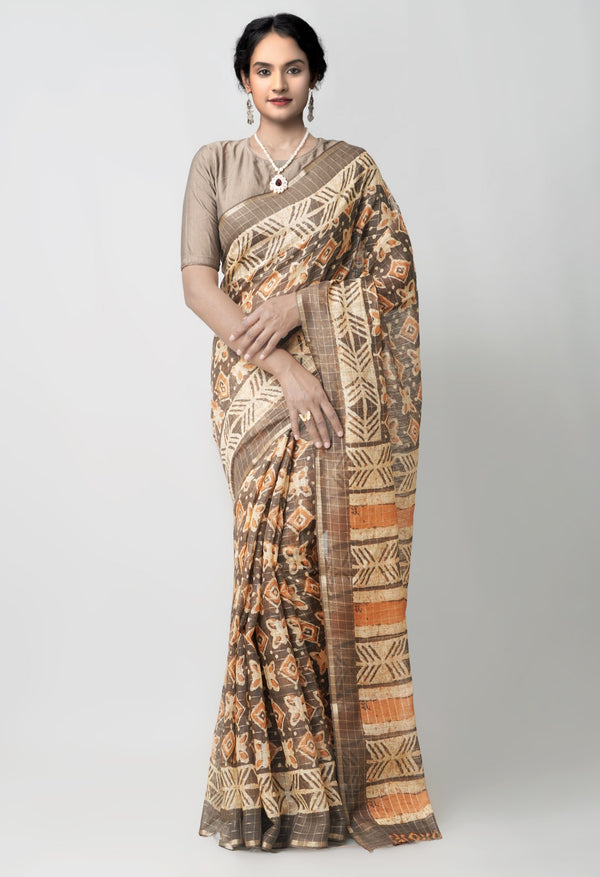 Online Shopping for Brown  Printed Art Chanderi Sico Saree with Fancy/Ethnic Prints from Madhya Pardesh at Unnatisilks.comIndia
