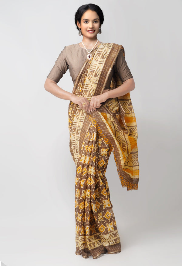 Online Shopping for Brown  Printed Art Chanderi Sico Saree with Fancy/Ethnic Prints from Madhya Pardesh at Unnatisilks.comIndia
