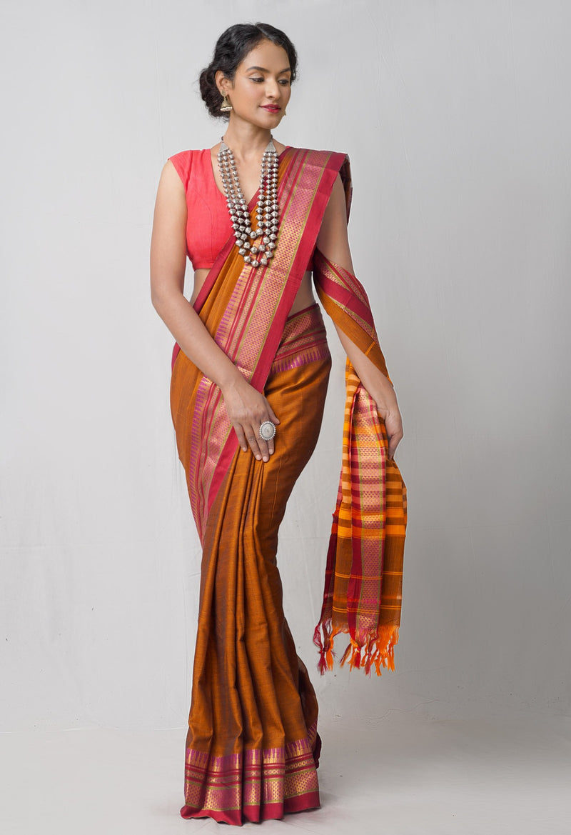 Online Shopping for Rust Orange Pure Handloom Pavani Narayanpet Cotton Saree with Weaving from Tamil Nadu at Unnatisilks.comIndia
