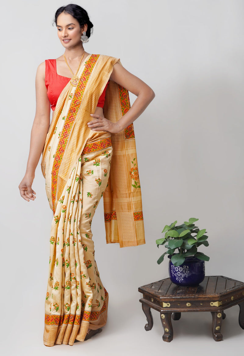 Brown  Block Printed Mysore Silk Saree-UNM61140