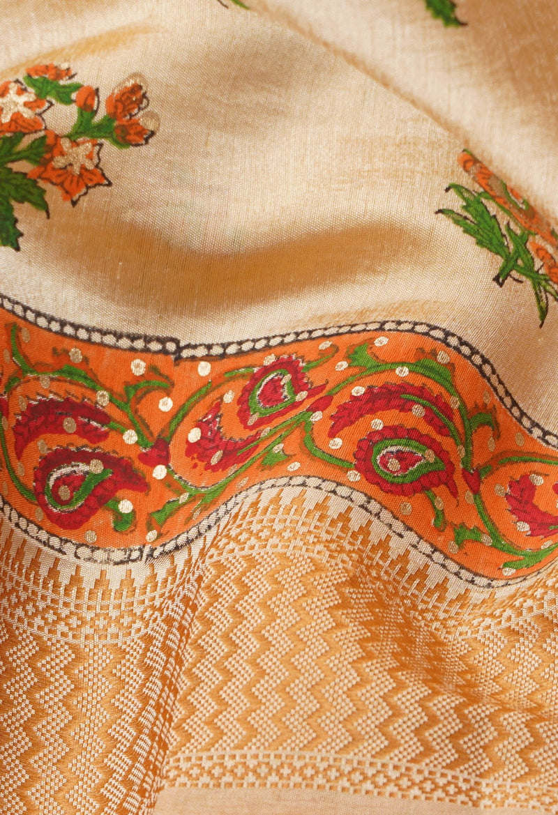 Brown  Block Printed Mysore Silk Saree-UNM61140
