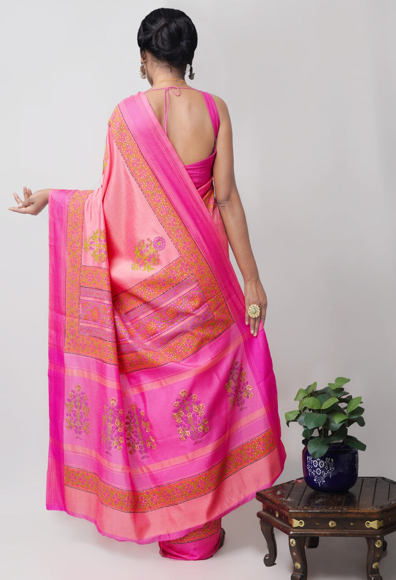 Online Shopping for Pink  Block Printed Mysore Silk Saree with Hand Block Prints from Karnataka at Unnatisilks.comIndia
