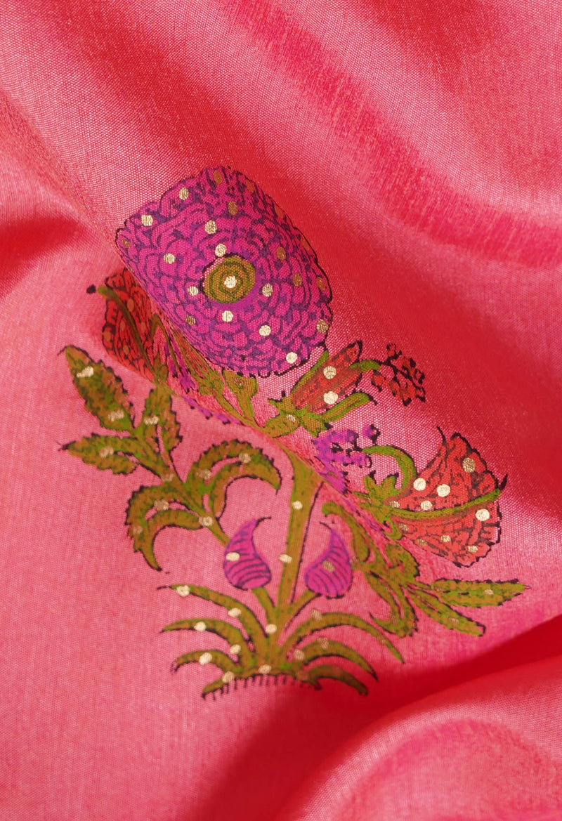 Pink  Block Printed Mysore Silk Saree