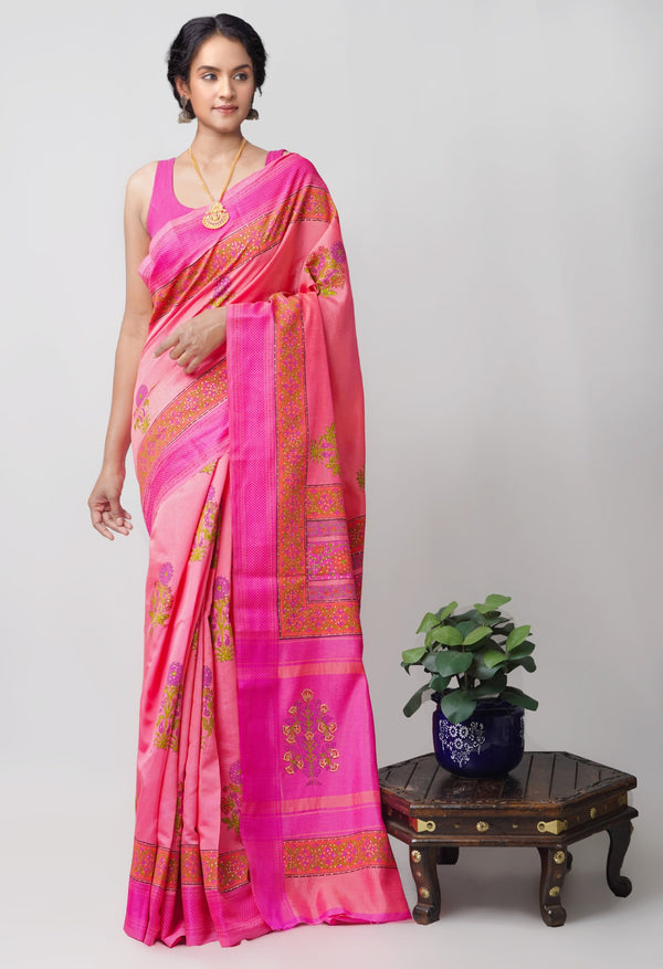 Pink  Block Printed Mysore Silk Saree