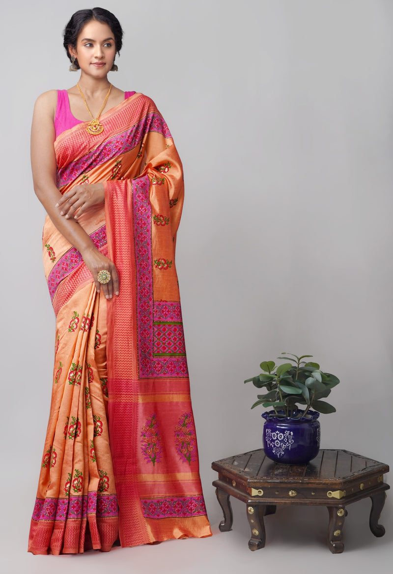 Peach  Block Printed Mysore Silk Saree