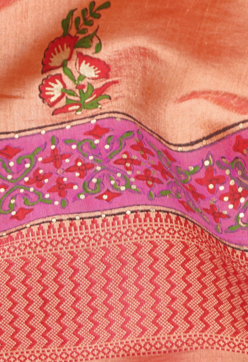 Peach  Block Printed Mysore Silk Saree