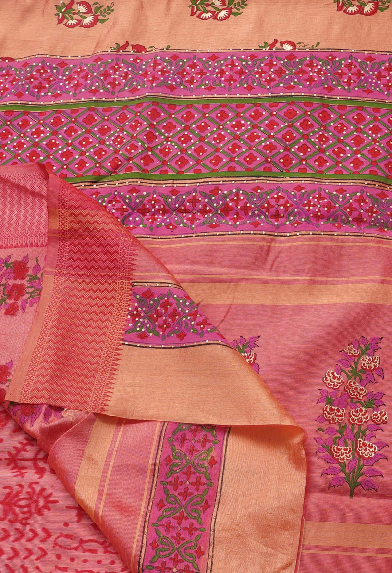 Online Shopping for Peach  Block Printed Mysore Silk Saree with Hand Block Prints from Karnataka at Unnatisilks.comIndia
