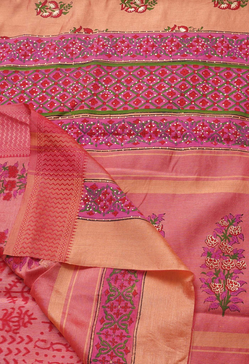 Online Shopping for Peach  Block Printed Mysore Silk Saree with Hand Block Prints from Karnataka at Unnatisilks.comIndia
