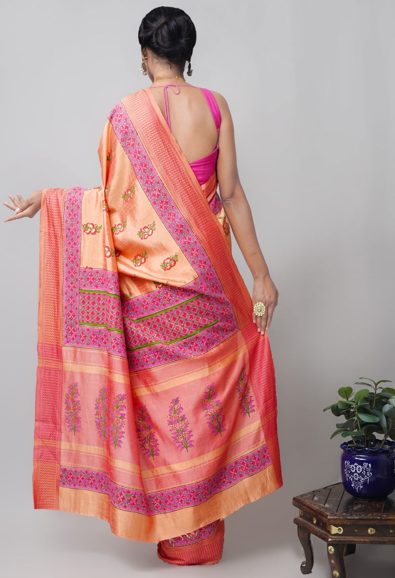 Online Shopping for Peach  Block Printed Mysore Silk Saree with Hand Block Prints from Karnataka at Unnatisilks.comIndia
