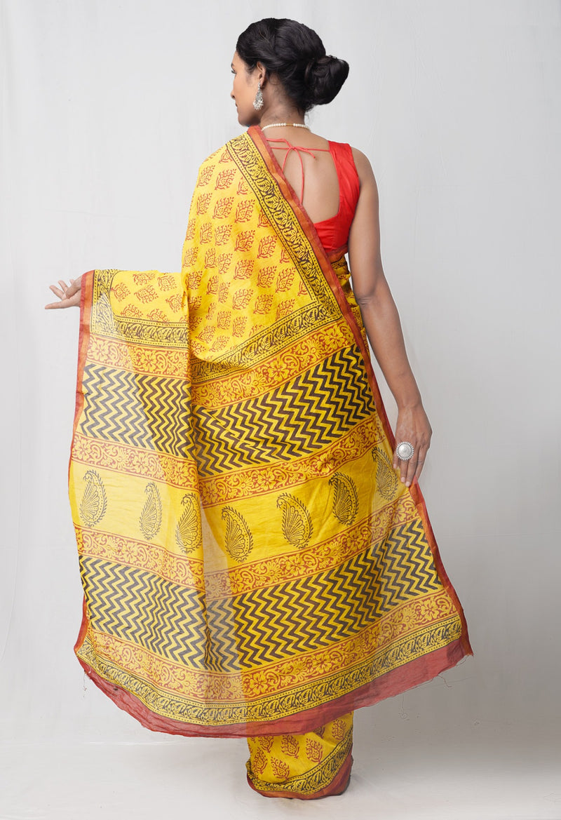 Online Shopping for Yellow  Bagru Chanderi Sico Saree with Bagru from Madhya Pradesh at Unnatisilks.comIndia
