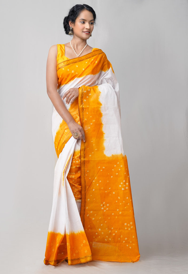 White-Yellow Pure Bandhani Cotton Saree