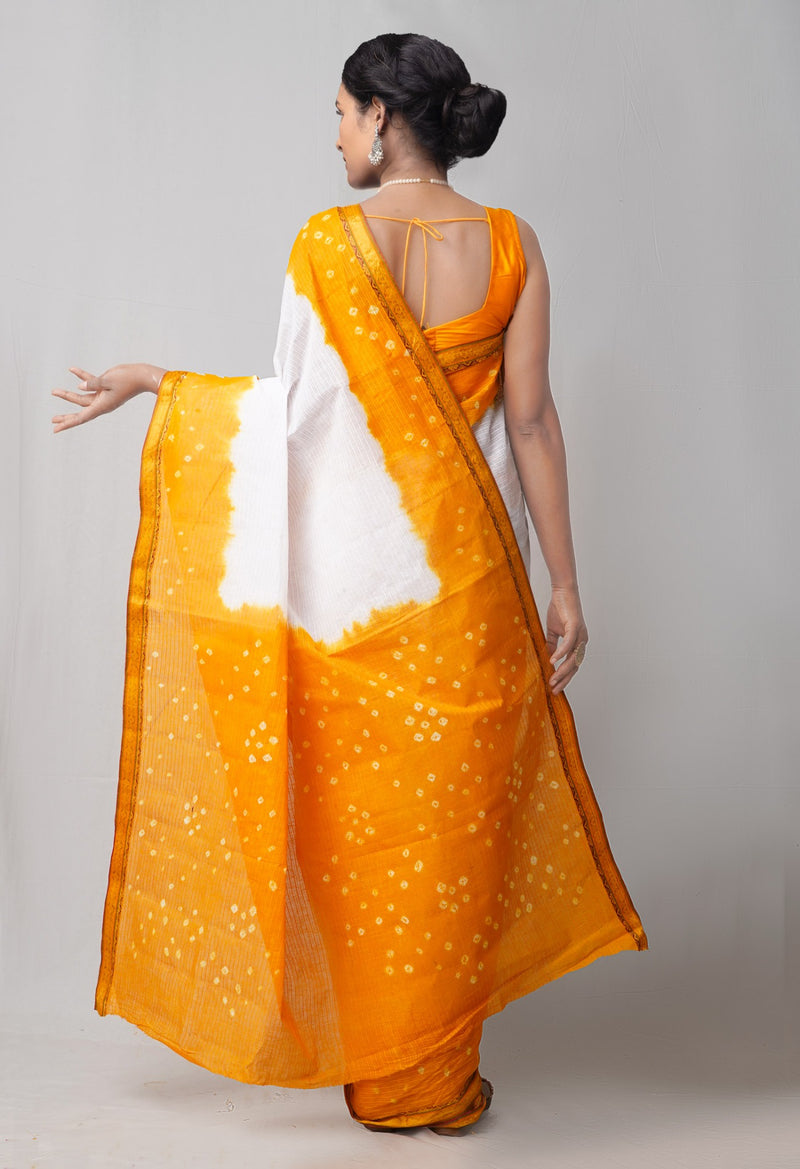 Online Shopping for White-Yellow Pure Bandhani Cotton Saree with Tie-N-Dye from Rajasthan at Unnatisilks.comIndia
