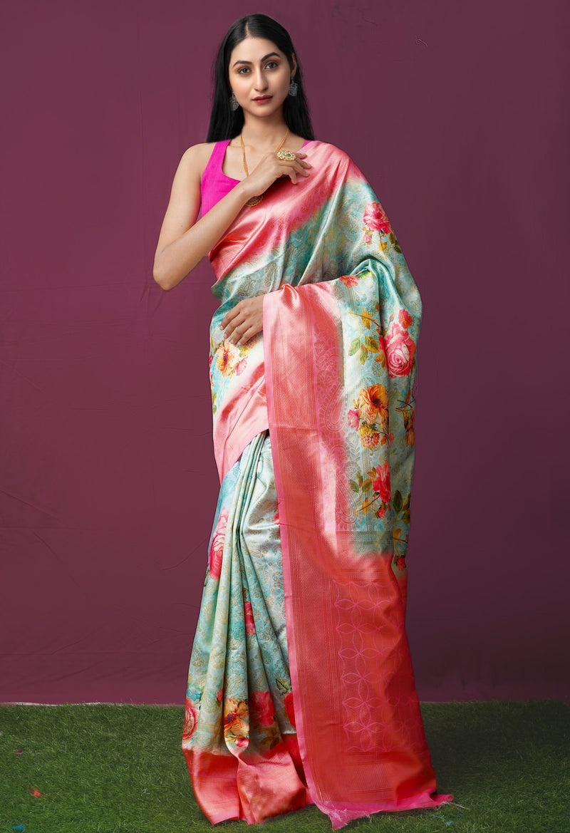 Online Shopping for Cyan Blue  Digital Printed Bangalore Sico Saree with Fancy/Ethnic Prints from Karnataka at Unnatisilks.comIndia
