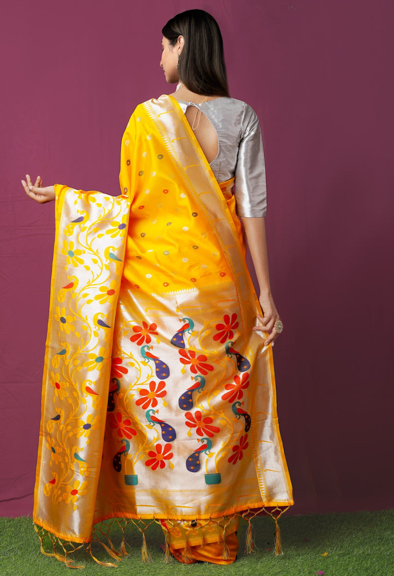 Online Shopping for Yellow  Paithani Silk Saree with Weaving from Uttar Pradesh at Unnatisilks.comIndia
