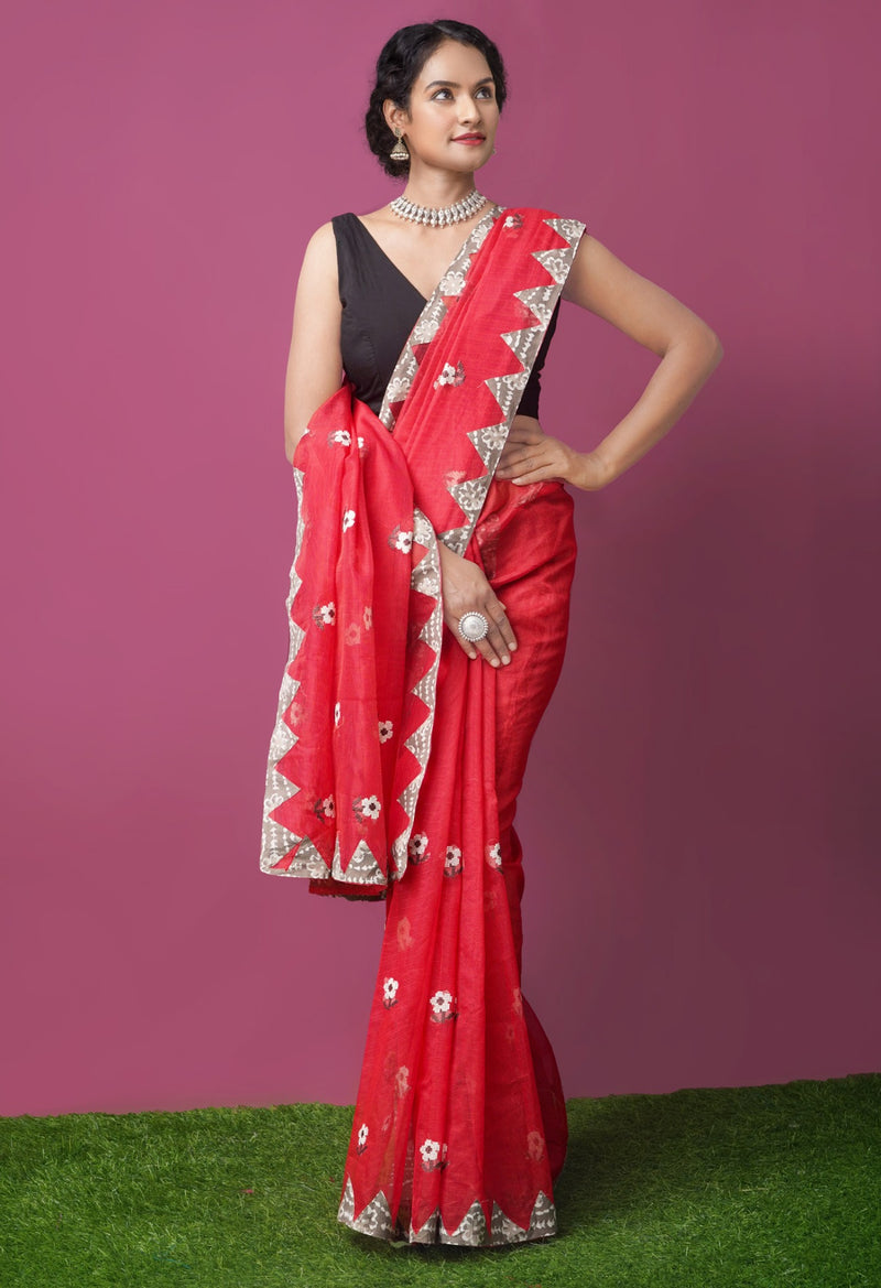 Online Shopping for Red  Cross Stitched Embroidered Supernet Saree with Weaving from Tamil Nadu at Unnatisilks.comIndia
