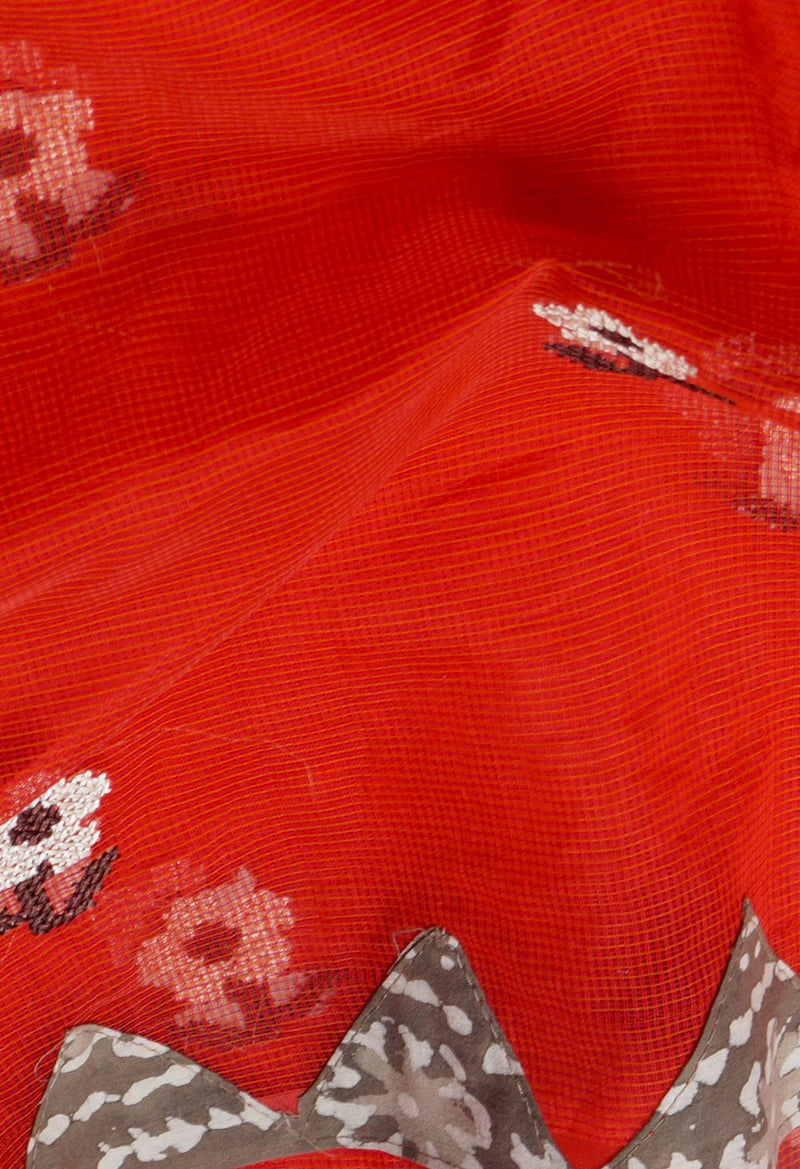 Red  Cross Stitched Embroidered Supernet Saree