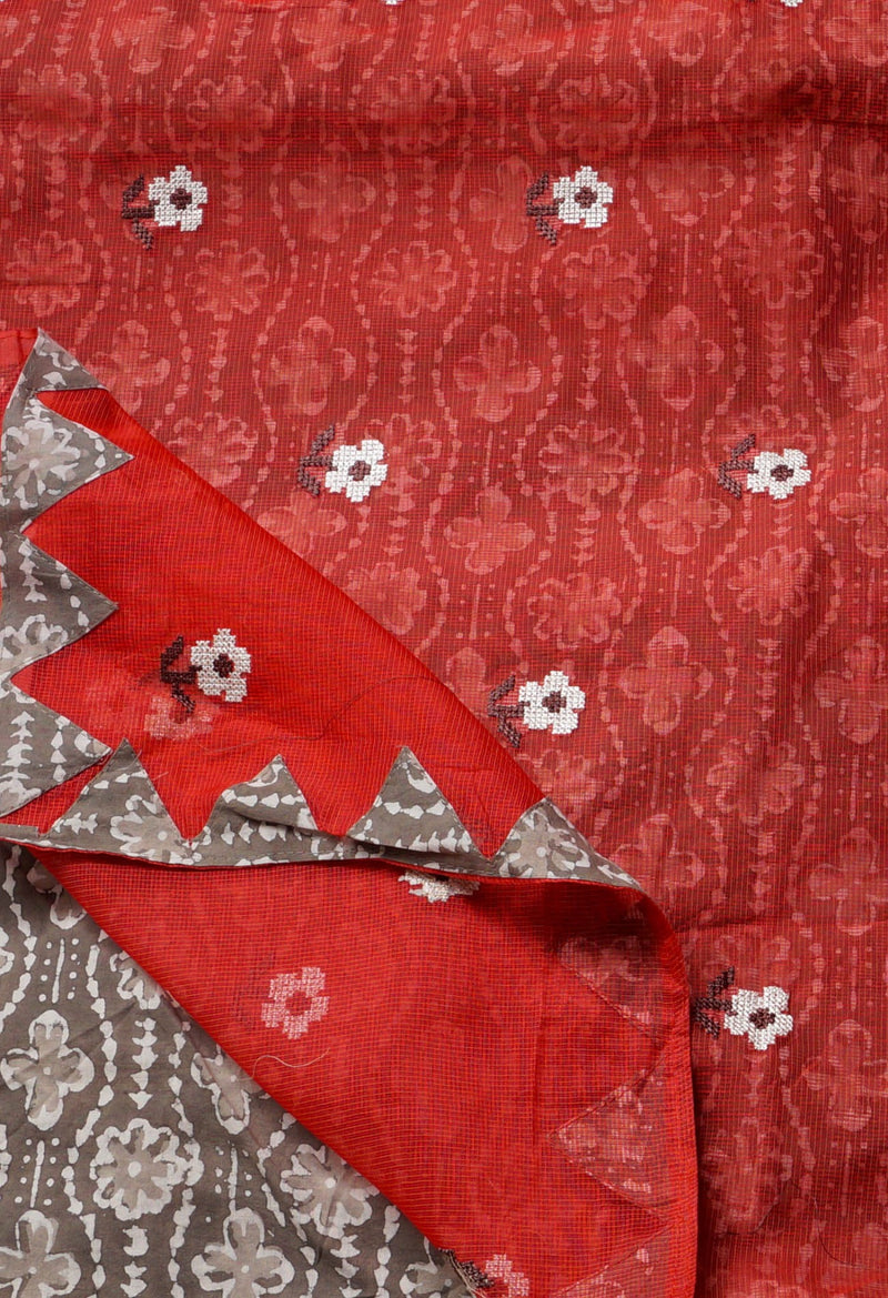 Online Shopping for Red  Cross Stitched Embroidered Supernet Saree with Weaving from Tamil Nadu at Unnatisilks.comIndia
