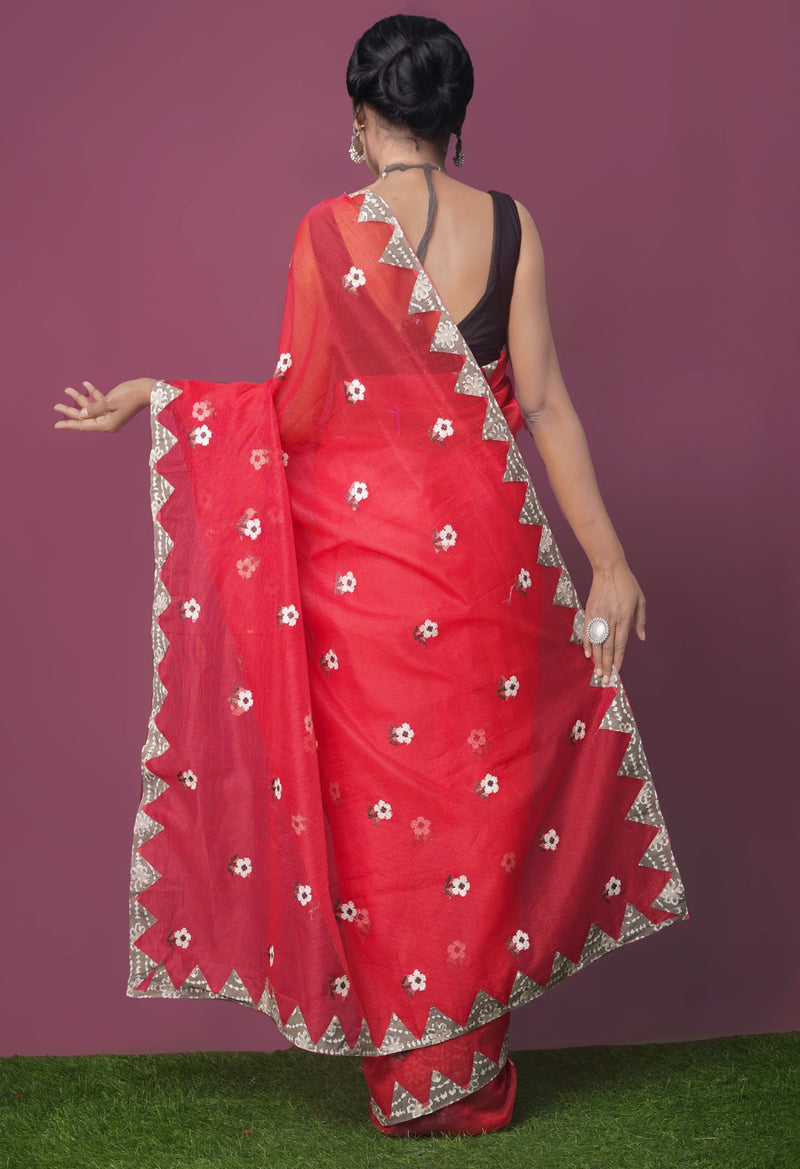 Online Shopping for Red  Cross Stitched Embroidered Supernet Saree with Weaving from Tamil Nadu at Unnatisilks.comIndia
