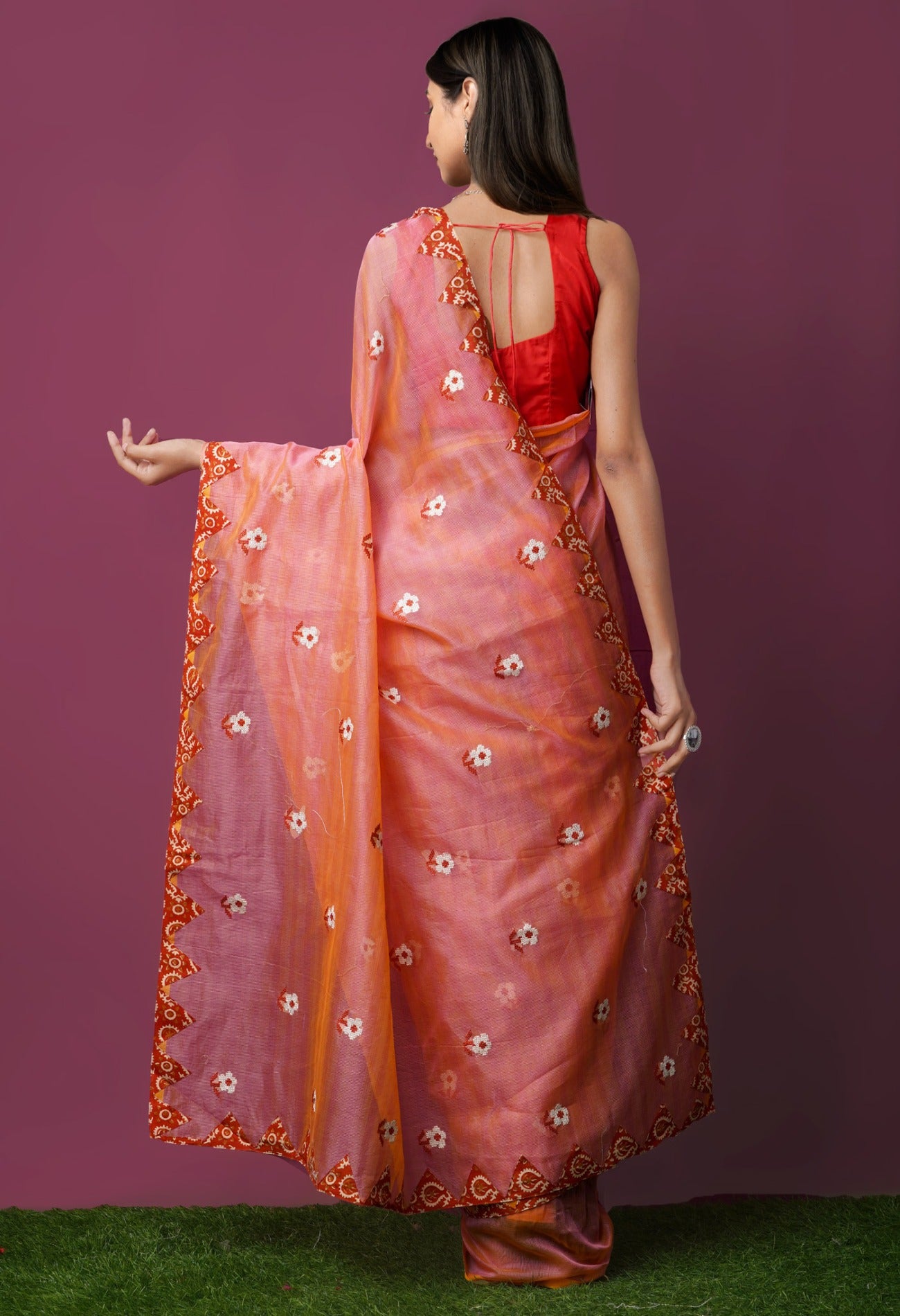 Online Shopping for Pink-Orange  Cross Stitched Embroidered Supernet Saree with Weaving from Tamil Nadu at Unnatisilks.comIndia
