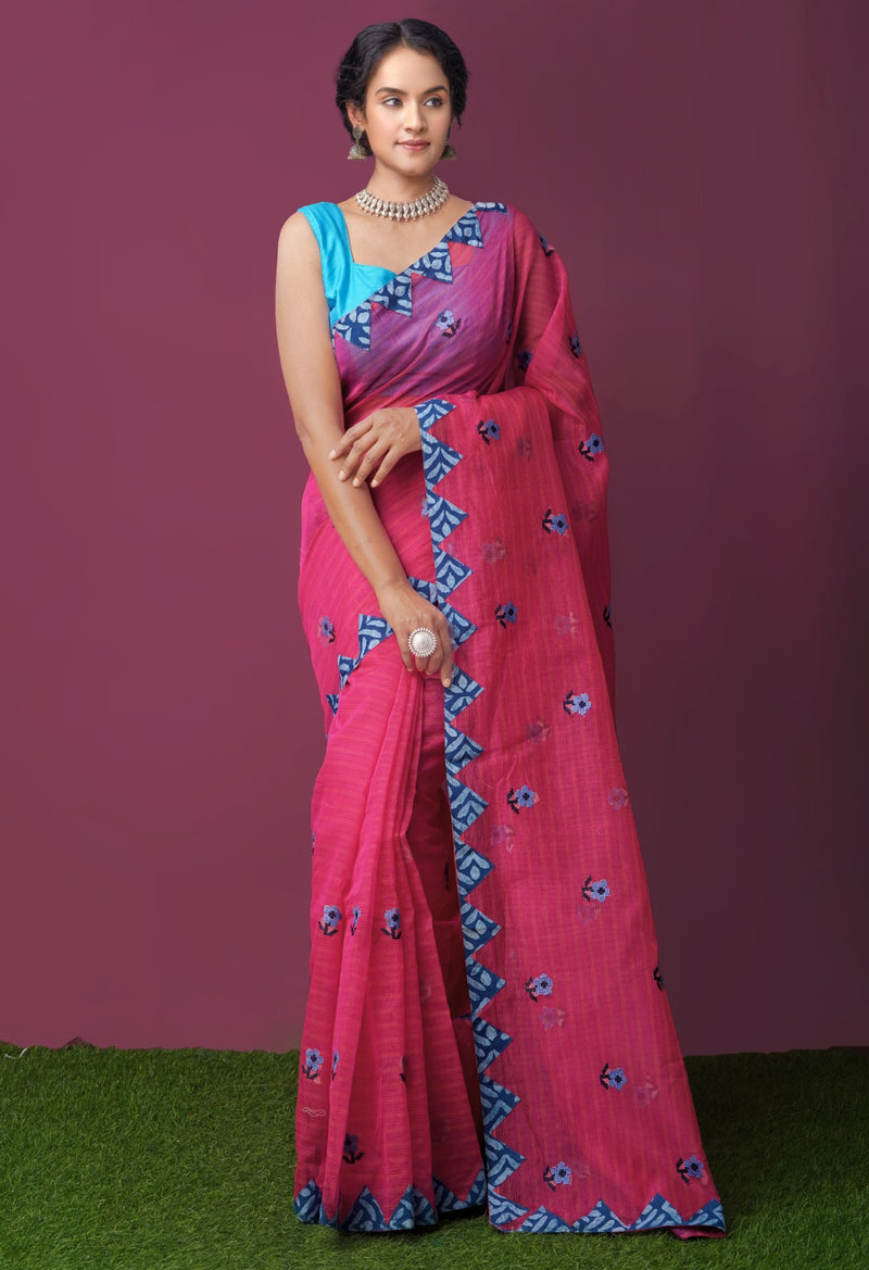 Pink  Cross Stitched Embroidered Supernet Saree