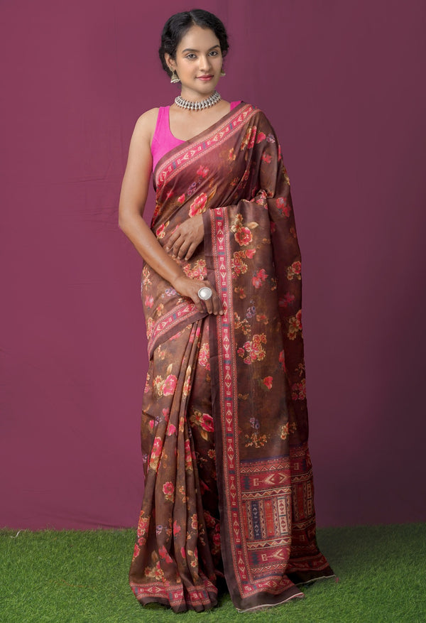 Mehandi Green  Digital Printed Chanderi Sico Saree