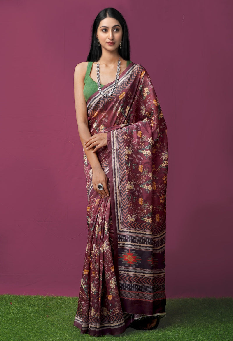 Burgundy  Digital Printed Chanderi Sico Saree-UNM61485