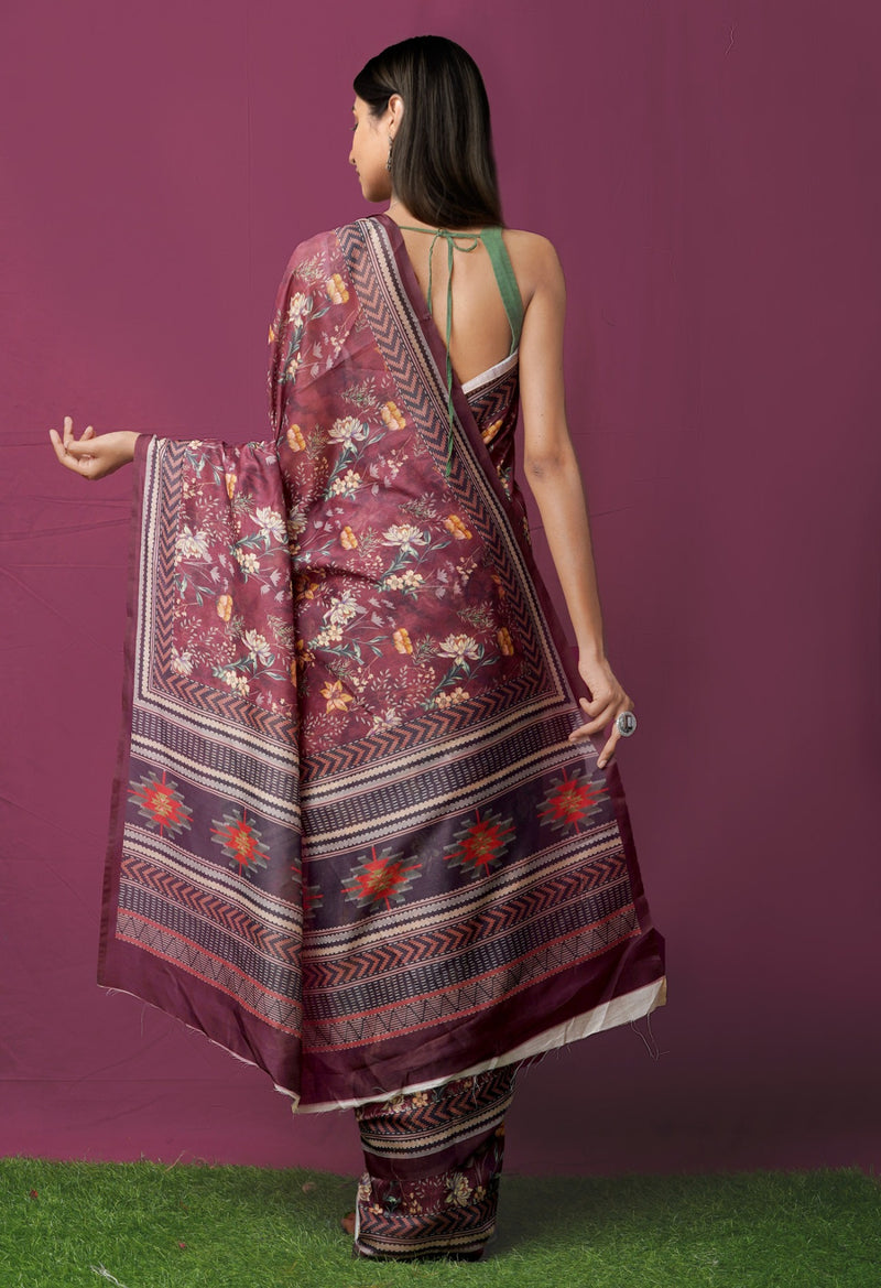 Online Shopping for Burgundy  Digital Printed Chanderi Sico Saree with Fancy/Ethnic Prints from Madhya Pradesh at Unnatisilks.comIndia
